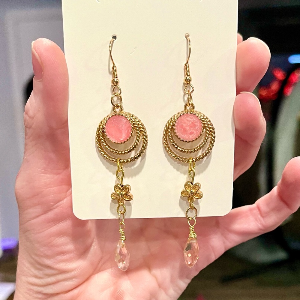 Floral Tibetan Gold Crystal Dangle Earrings - Picture 1 of 5